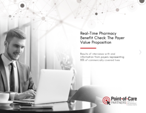 Report cover featuring title "Real-Time Pharmacy Benefit Check: The Payer Value Proposition" and a man on his laptop